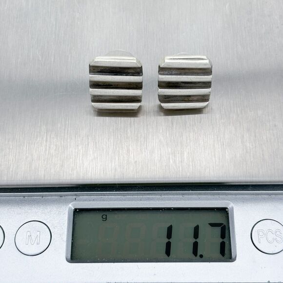 Vintage Sterling Silver 925 Striped Ridged Square Stud Earrings - Picture 5 of 5